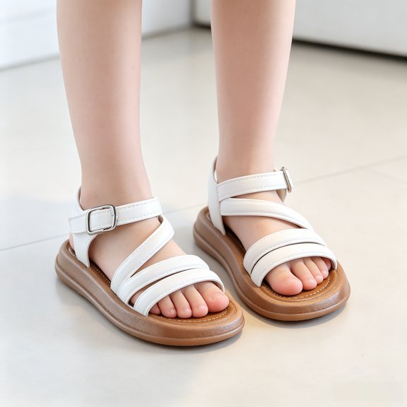 ZunFeo Girls White Sandals for Kids Kids, Adjustable Roman Strap with Non-Slip Sole | Cushioned Play & Casual Shoes US Size 4K-4Y,Size 13.5