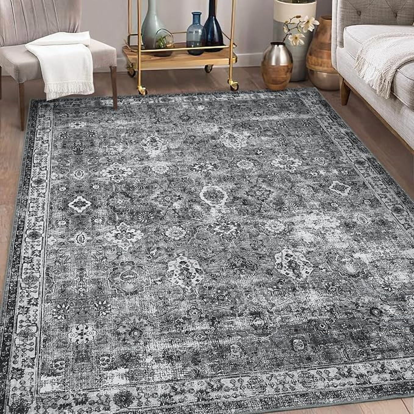 Vintage Floral 9x12 Rugs Reddish Brown Washable Area Rug for Bedroom Living Room Non Slip Boho Rug Thin Printed Faux Wool Soft Floor Carpet for Dining Room Nursery Playroom Indoor Office