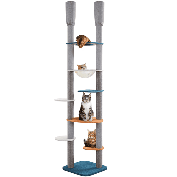 Yaheetech 7.9-8.6ft Adjustable Floor-to-Ceiling Cat Tree With Clear Cat Bed & 6 Scratching Posts, Blue/Orange