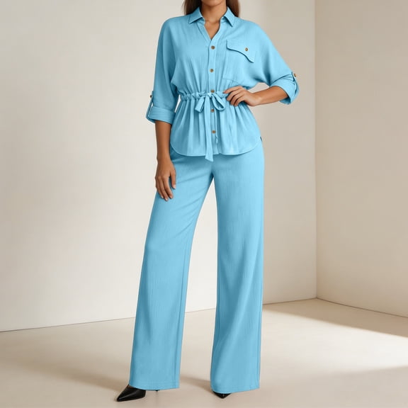 BRELIL Women Two Piece Sets Summer Casual 3/4 Sleeve Collared Shirt Wide Leg Pants Matching Lounge Outfits Travel Vacation Tracksuit, Sky Blue S
