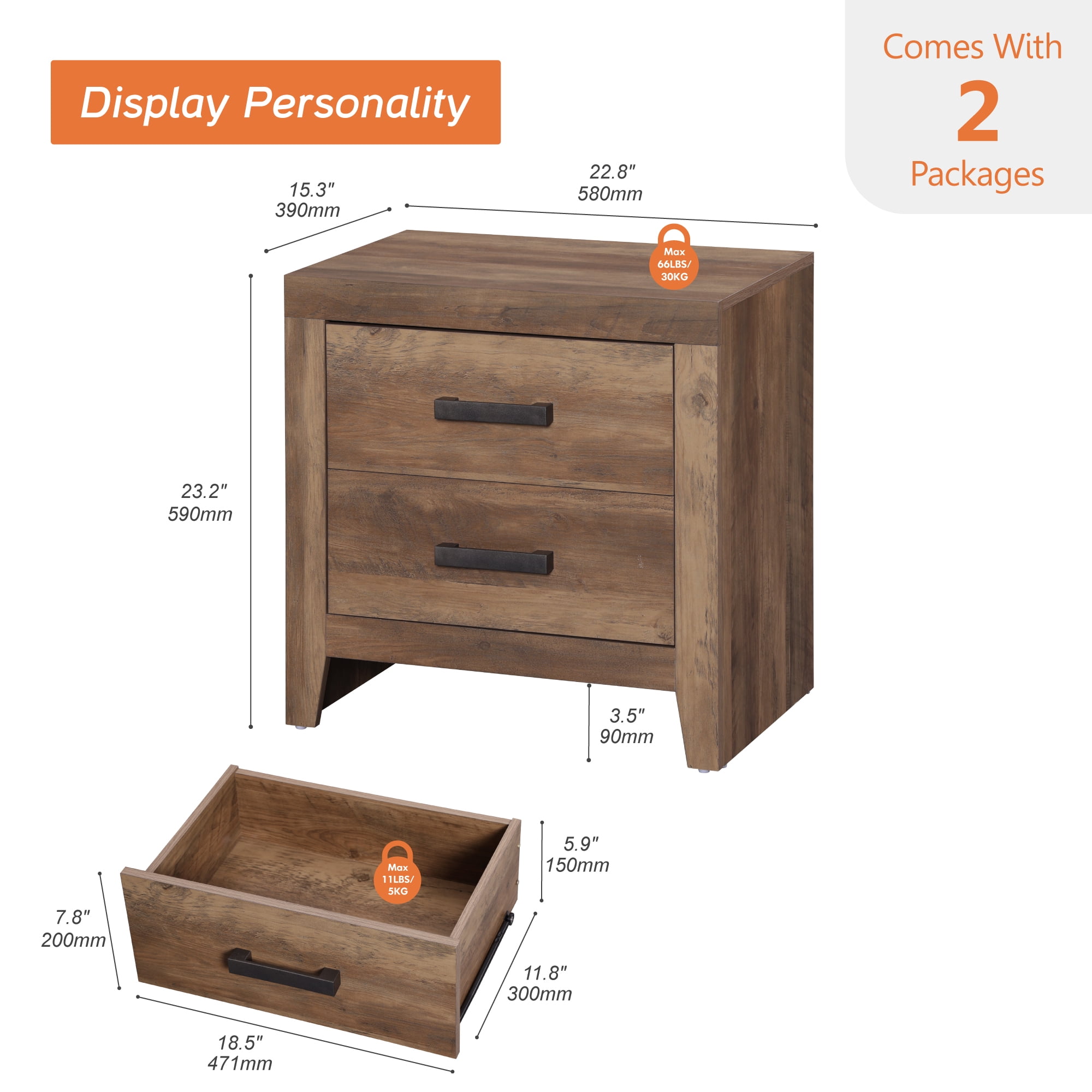 Set of 2 Farmhouse Rustic Wooden Nightstand With 2 Smooth‑Glide Storage Drawers,Solid‑Base Bedside End Table,Multi‑Purpose Accent Side Cabinet For Bedroom,Living‑Room,Brown