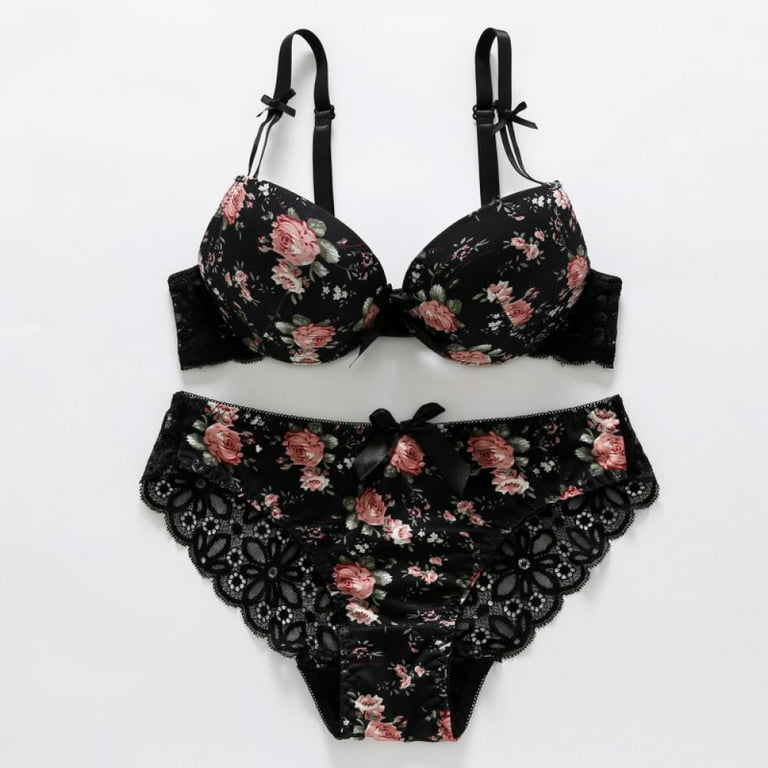 Women Floral Bra and Panty Set,Underwire Push Up Lace Lingerie and Thong  Brief for Wedding Night Honeymoon