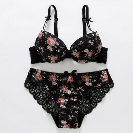 Women Floral Bras Panty Set Underwire Push Up 3/4 Cup Lace Trim Lingerie with Matching Brief 2 Piece Outfits