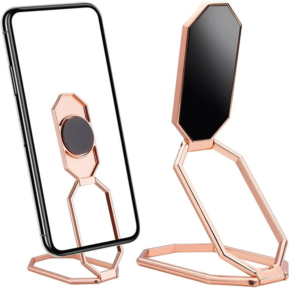 Foldable Magnetic Cell Phone Ring Holder Finger Kickstand 360° Rotation Phone Stand Metal Back Grip Ultra-Thin Cellphone Stand Compatible with Smartphones Tablets Car Mount (Rose Gold)