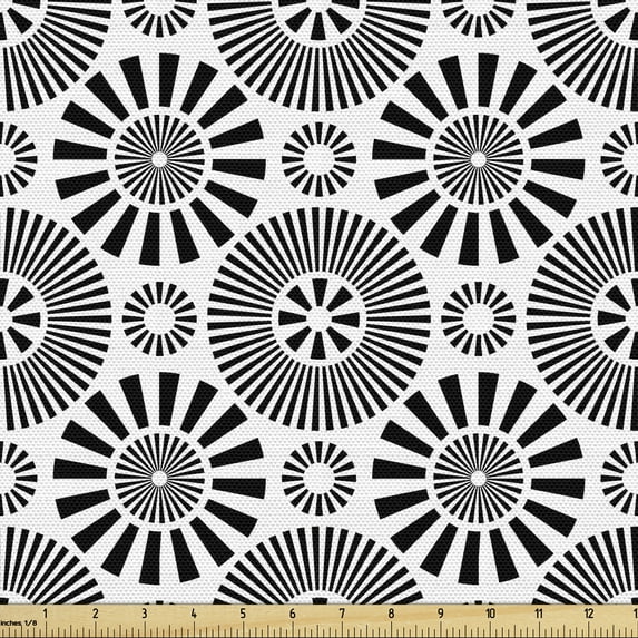 Abstract Fabric by the Yard, Simplistic Circular Rounds with Geometric Lines Rotating Shaped Ovals, Decorative Upholstery Fabric for Sofas and Home Accents, Charcoal Grey and White by Ambesonne