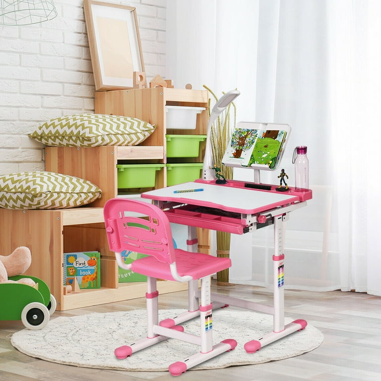 Gymax Height Adjustable Kids Desk Chair Set Study Drawing w Lamp