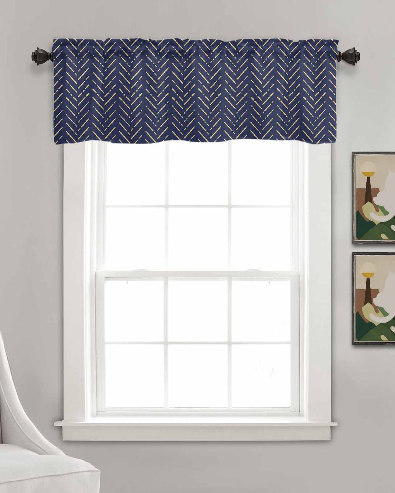 Navy Blue Gold Striped Linen Curtain Valance for Bedroom/Bathroom/Kitchen/Living/Dining Room Window,Contemporary Minimalist Boho Geometric Pocket Topper Drapes Decorative Cafe Drapery Panel 60"x18"