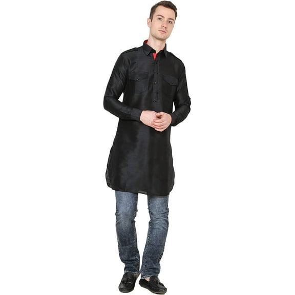 Royal Kurta Men's Silk Blend Pathani Kurta Black