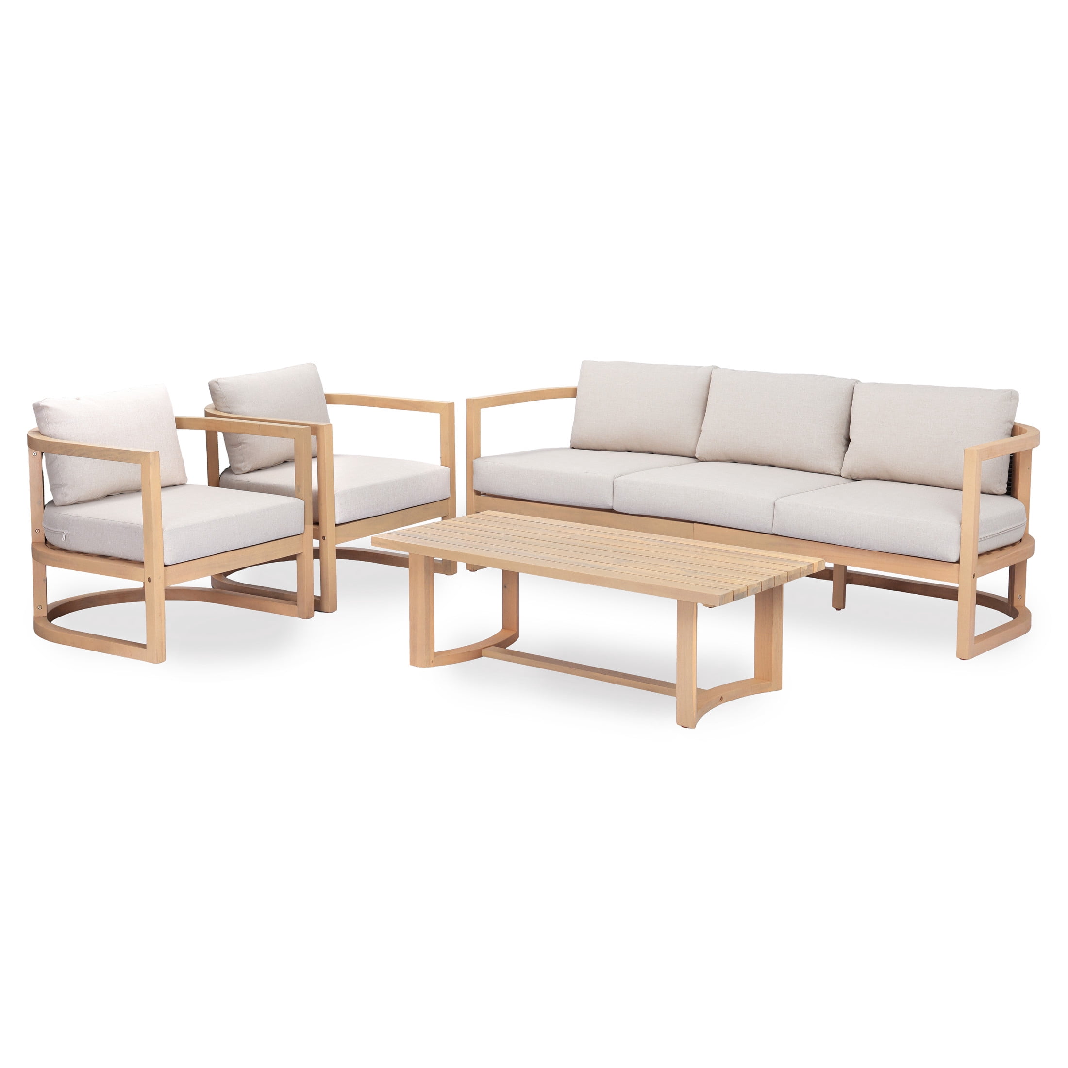 Christopher Knight Home 4-Piece Outdoor Wood Sofa Set with Table, Wicker Back and Beige Cushion, Light Teak