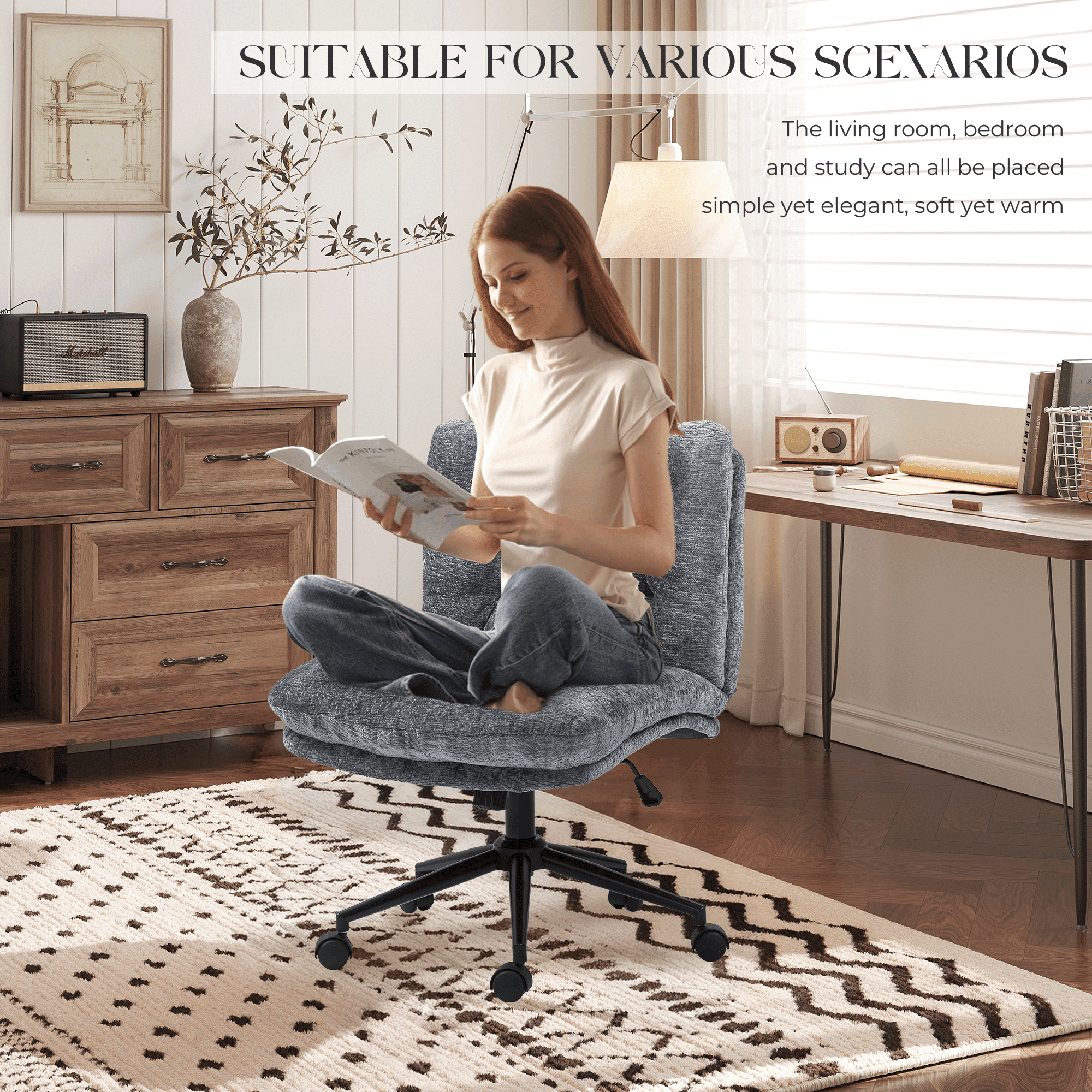 Goosea Armless Criss Cross Chairs, Premium Fabric Wide Padded Seat Office Chair，Modern Vanity Chair with Dual-Layer Cushion and Smooth-Rolling Wheels，Grey