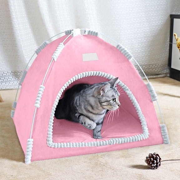 Cat Tent Bed, Foldable Soft Plush Semi-Enclosed Pet Teepee House with Cushion, Non-Slip Washable Warm Cave Nest for Indoor Cats Kittens Small Puppies, All Season Indoor Sleeping Hideout Hut