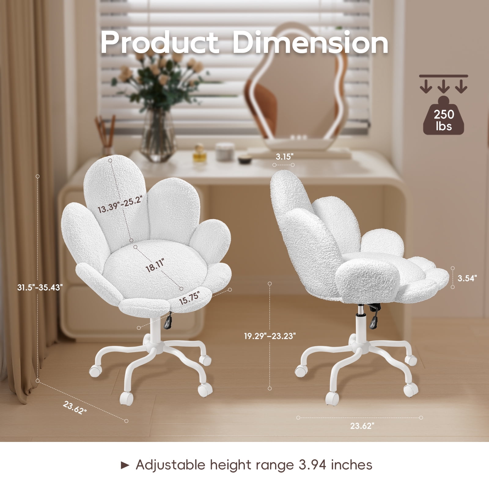 Solfway White Vanity Chair with Wheels and Back, Cute Daisy Flower Comfy Upholstered Fuzzy Vanity Desk Chair for Girls Makeup, Swivel Rolling, and Height Adjustable