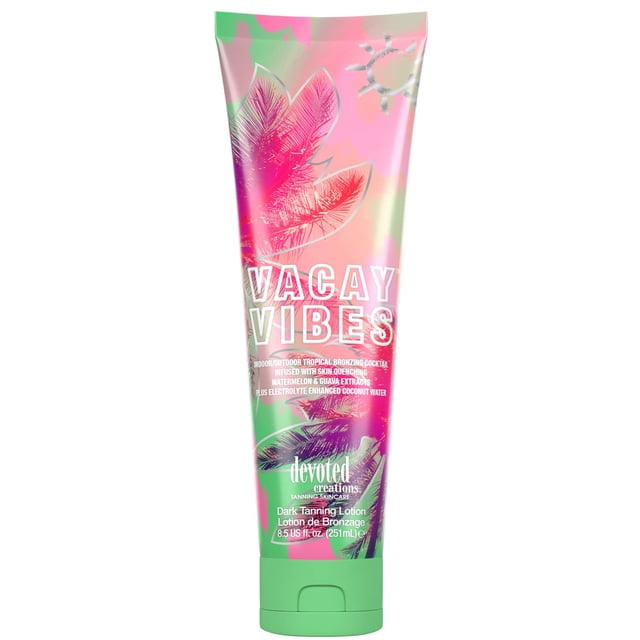 Locion bronceadora Devoted Creations Vacay Vibes: coctel bronceador tropical para interiores y exteriores con infusion de extractos de sandia y guaya