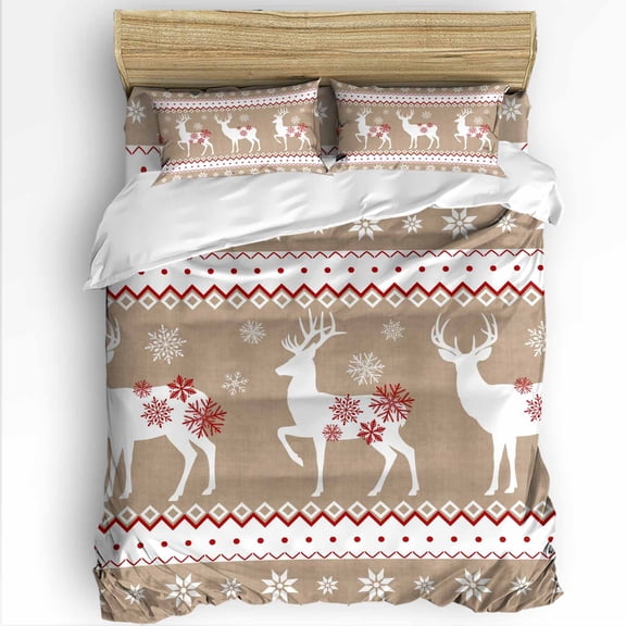 Christmas Reindeer King Size Comforter Set, Red Snowflakes Geometric Brown Vintage Soft Bedding for All Seasons, 4 Pcs Bed Set with 1Comforter (90"x106") ,1 Sheet(94"x116"), 2 Pillowcases (19"x35")