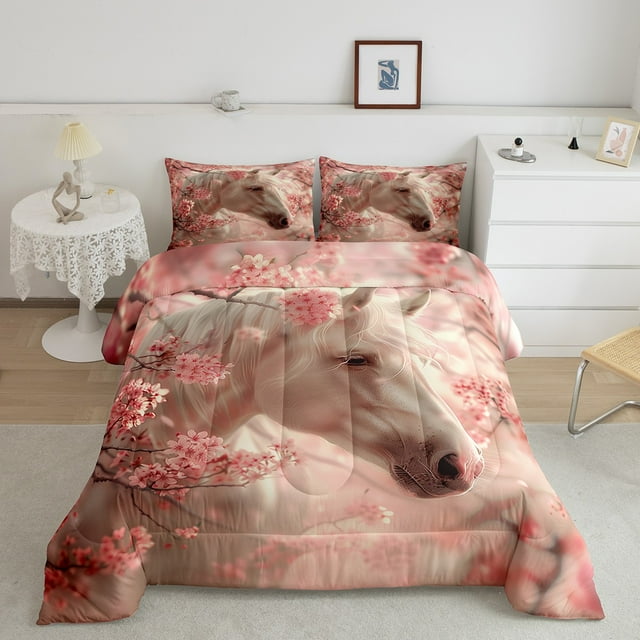 YST Ensemble de Literie Cheval Blanc Simple pour Enfants Garçons Ensemble de Couette Imprimé Cheval, Literie Animaux de Ferme Ensembles de Couette Filles Fleurs de Cerisier Roses Ensemble de Courtepointe Thème Cheval Couettes & Ensembles