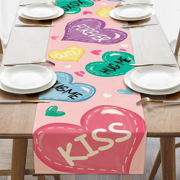 Valentines Colorful Love Hearts Table Runner, Forever Kiss Kitchen Dining Table Decoration, Anniversary School Classroom Burlap Indoor Outdoor Home Decor Party Supply 13 x 36 Inches