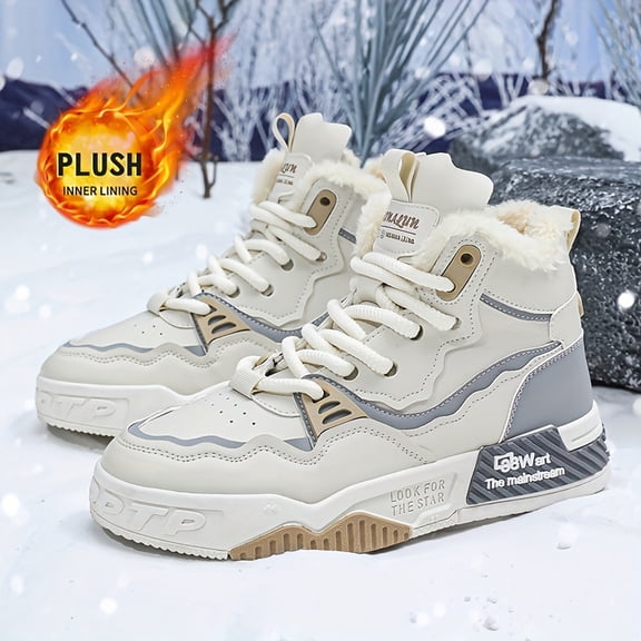 Men's Winter Snow Boots with -Like Collar - Short Ankle-High PU -Like Upper, PVC Traction Tread & Warm - Beige//Black/Grey for, Walking, Outdoor - Cold Weather (No s)