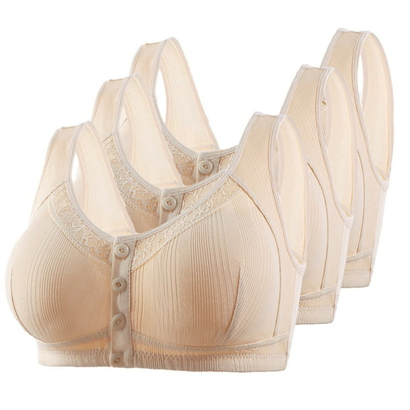 CLOISE Front Closure Bras for Women 3 Pack Front Closure Full Coverage No Underwire Cotton Bras Front Snaps Seniors High Support Wireless Push up Bra Older Women Lace Everyday Bras Beige 36