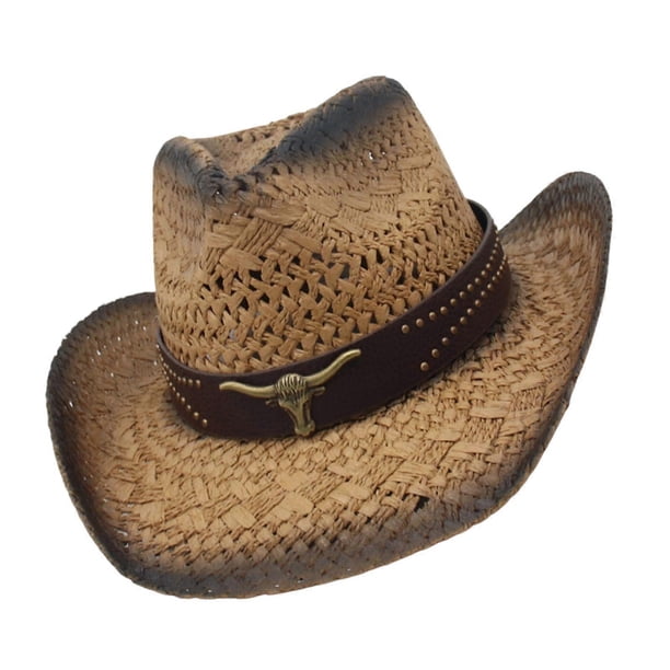 Fashion Straw Western Hat Comfortable Cowboy Headwear For Hiking Concerts Heat Resistant Comfoortable Cap Rice brown