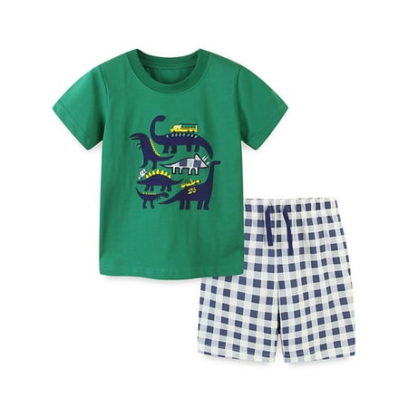 

WOLLED 2PCS Toddler Boys Summer Short Sleeve T-Shirt and Short Set Kids Baby Cartoon Dinosaur Cotton T-Shirt &Plaid Shorts Set 2-8T