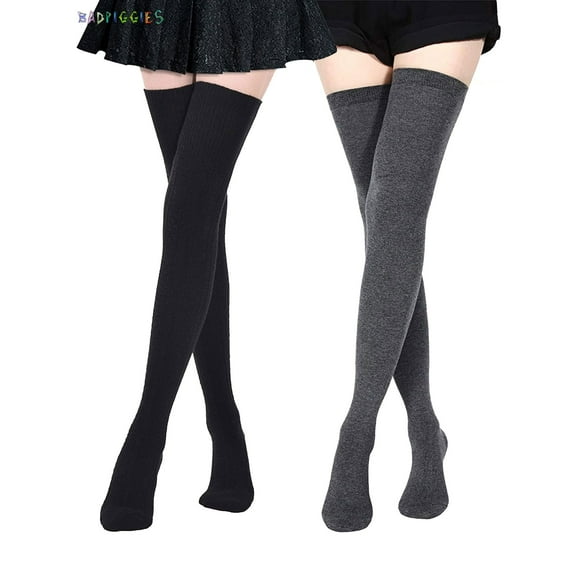 BadPiggies 2 Pairs Extra Long Cotton Thigh High Socks Over the Knee High Boot Stockings Womens Leg Warmers (Black Gray)