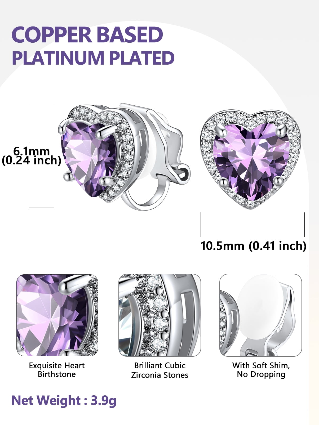 Silvora Clip on Earrings for Women February Amethyst Heart Birthstone Non Pierced Earring Jewelry Gift for Daughter Birthday Thanksgiving
