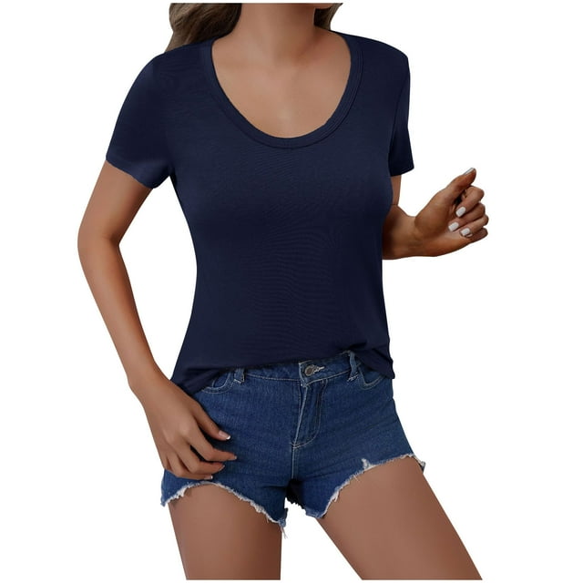 Dealovy Hauts de Sortie pour Femmes Manches Courtes Col Rond T-Shirts Couleur Unie Coupe Ajustée Courts T-Shirts Basiques