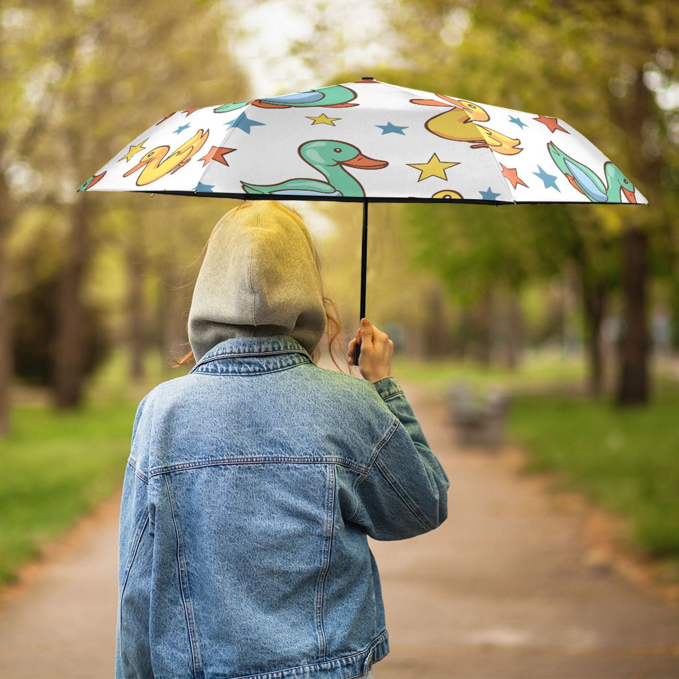 Cartoon Duck and Star Compact Sun Umbrella Windproof Travel Umbrellas for Rain Strong Portable UV Protection
