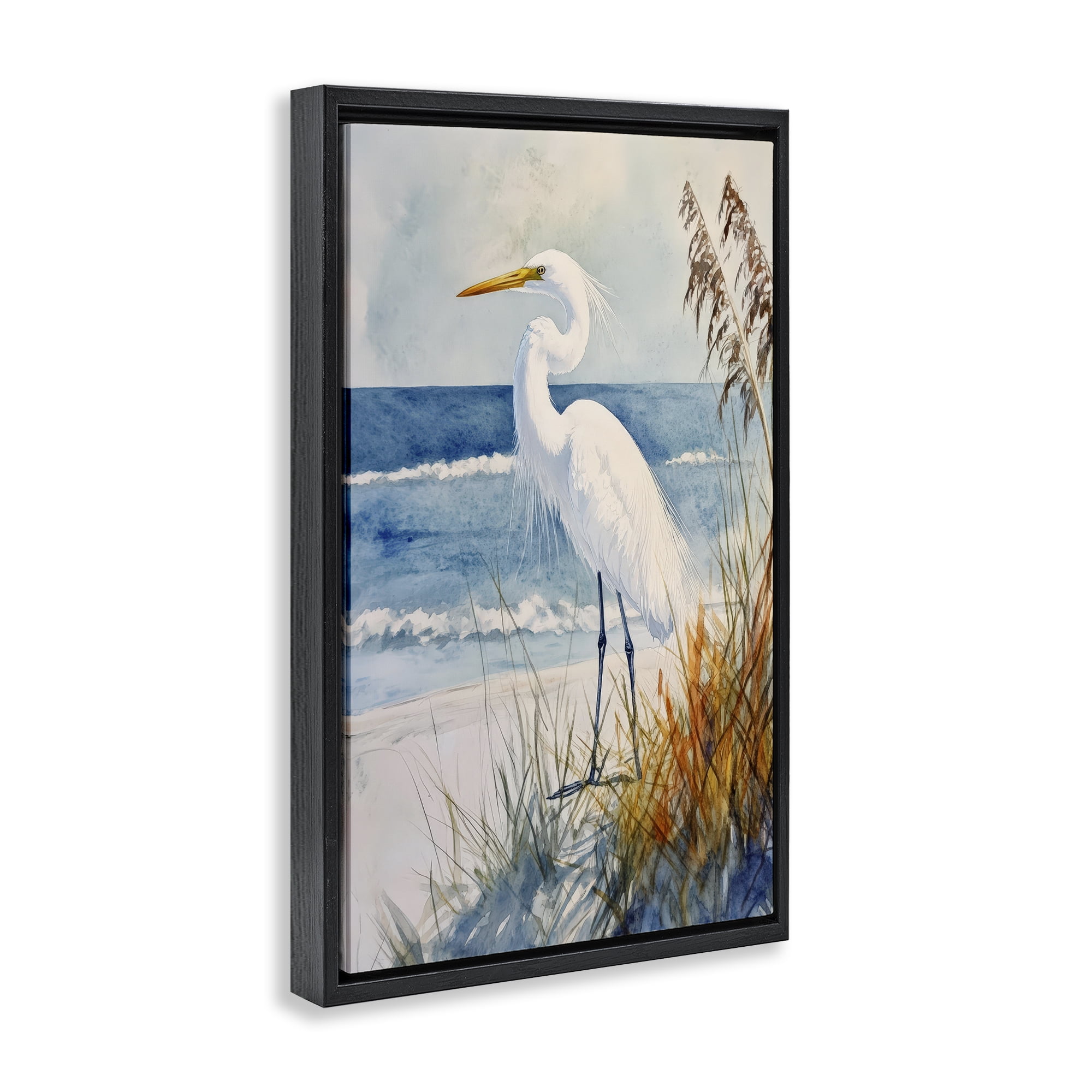 Stupell Industries Egret By The Waves Black Framed Floater Canvas Wall Art, design by Petal Prints Design