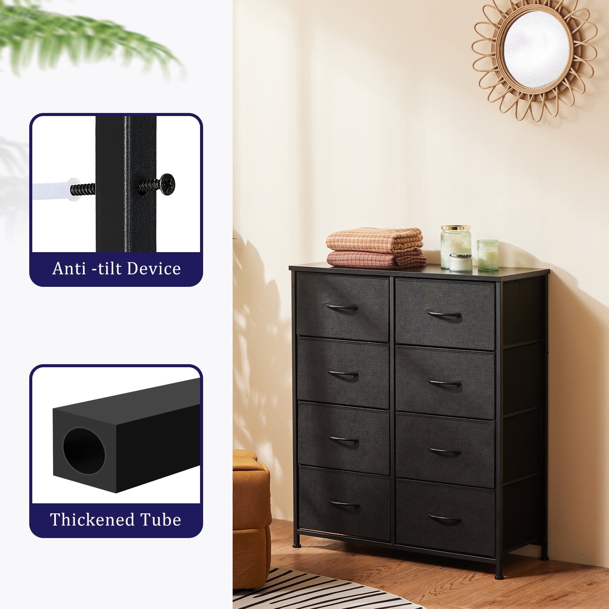 EDX Fabric Dresser for Bedroom, Tall Dresser with 8 Drawers, Metal Frame, Wood Tabletop, Black