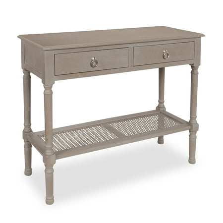 Grey Weathered Wood Kate and Laurel Cayne Wood Console Table with 2 Drawers and Interwoven Cane Lower Shelf, Weathered Wood Gray ()