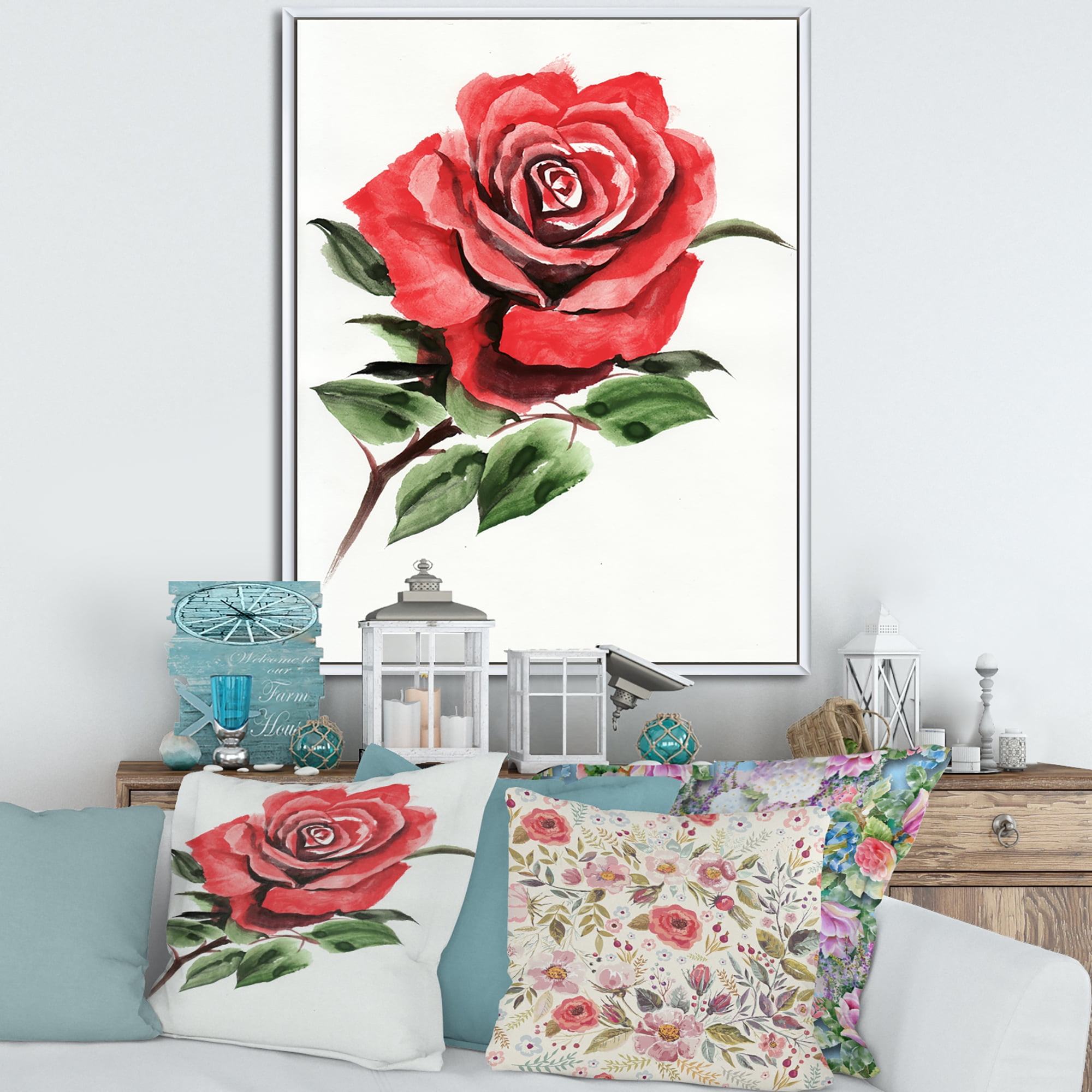 Designart 'Ancient Red Rose Flower III' Traditional Framed Canvas Wall Art Print