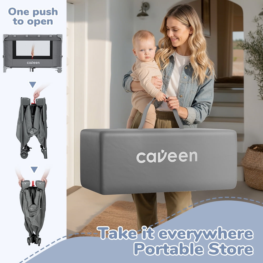 Baby Bassinet, Caveen 5 in 1 Baby Playard with Bassinet, Portable Baby Crib, with Removable Changing Station & Storage Organizer, Grey