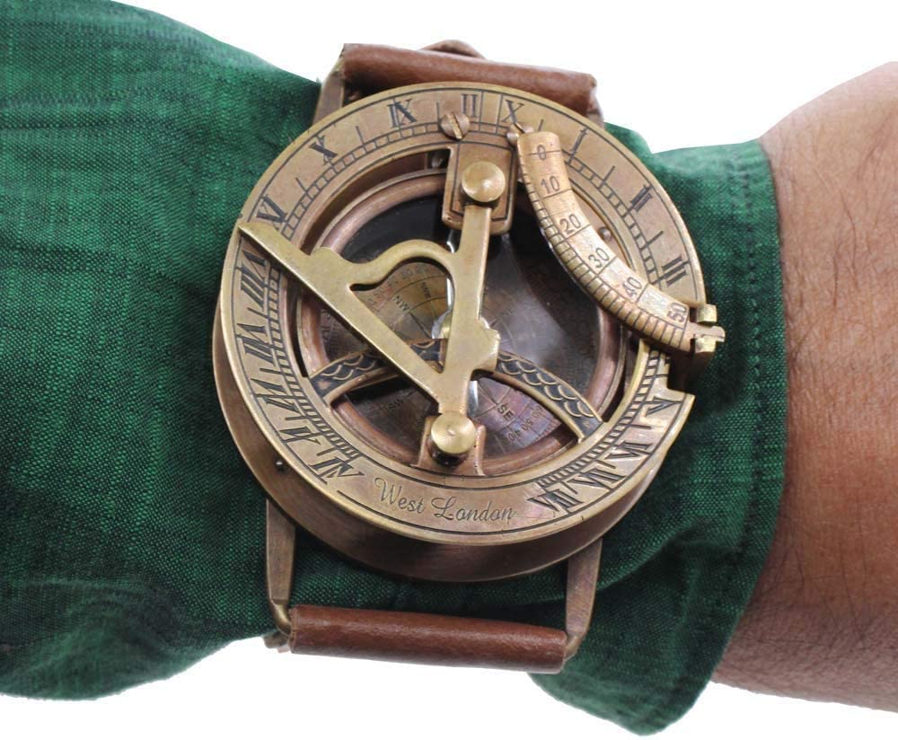 Rii Brand Brass Sundial Wrist Band with Leather Strap Working Compass 2.5"