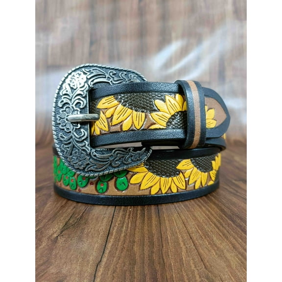 Hand-Painted Sunflower Design Tooled Western Belt