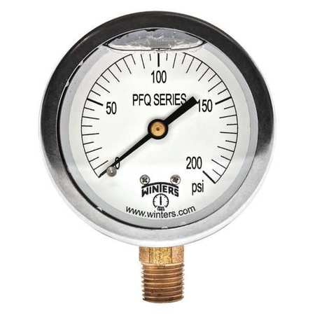 Winters PFQ Series Stainless Steel 304 Single Scale Liquid Filled Pressure Gauge with Brass Internals, 0-200 psi, 2-1/2" Dial Display, +/-1.5% Accuracy, 1/4" NPT Bottom Mount