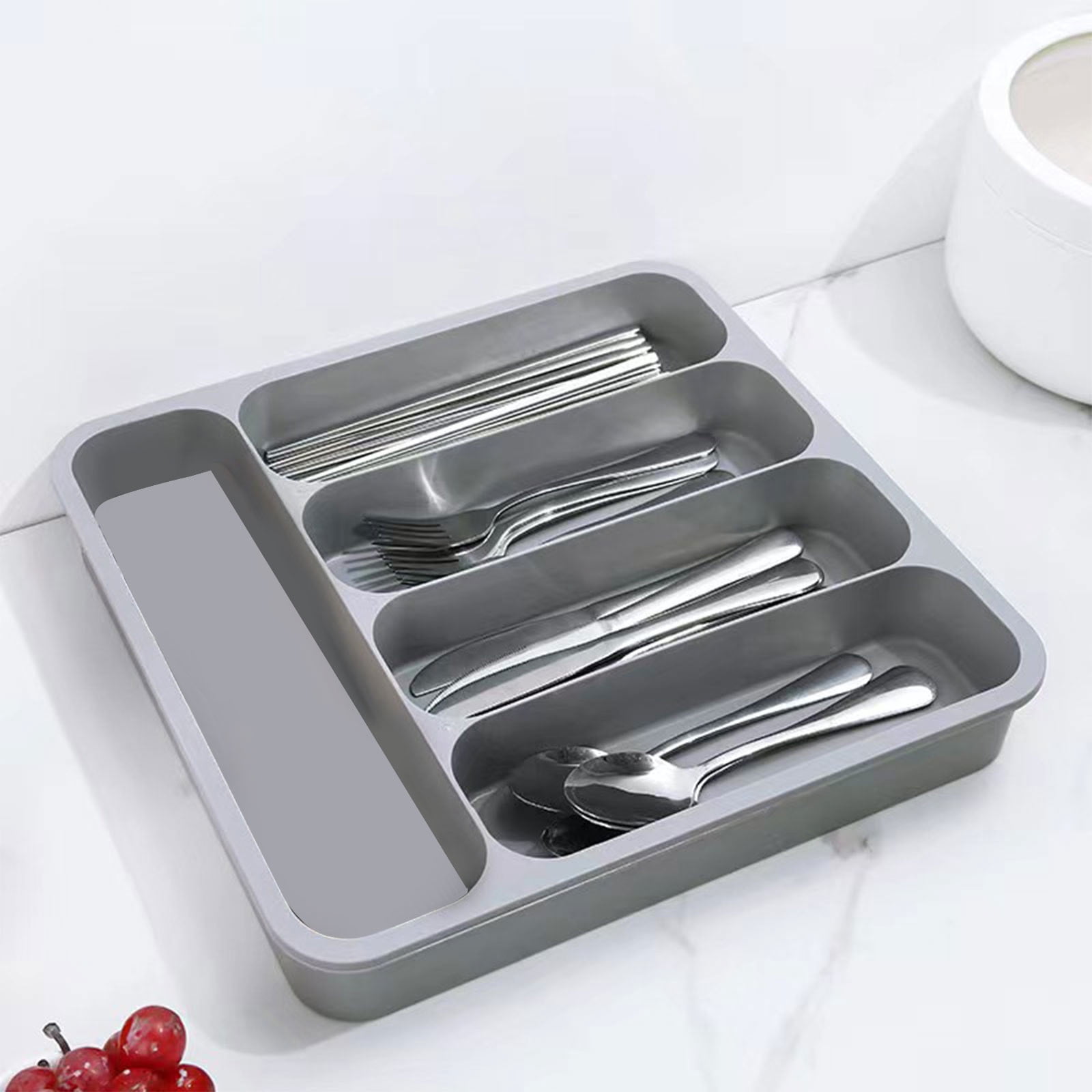 Kitchen Drawer Organizer Expandable Five Compartment Utensil Tray | Cutlery Storage Box for Knives Forks Spoons Chopsticks | Plastic | Black Gray Beige | 13.5x12.8in