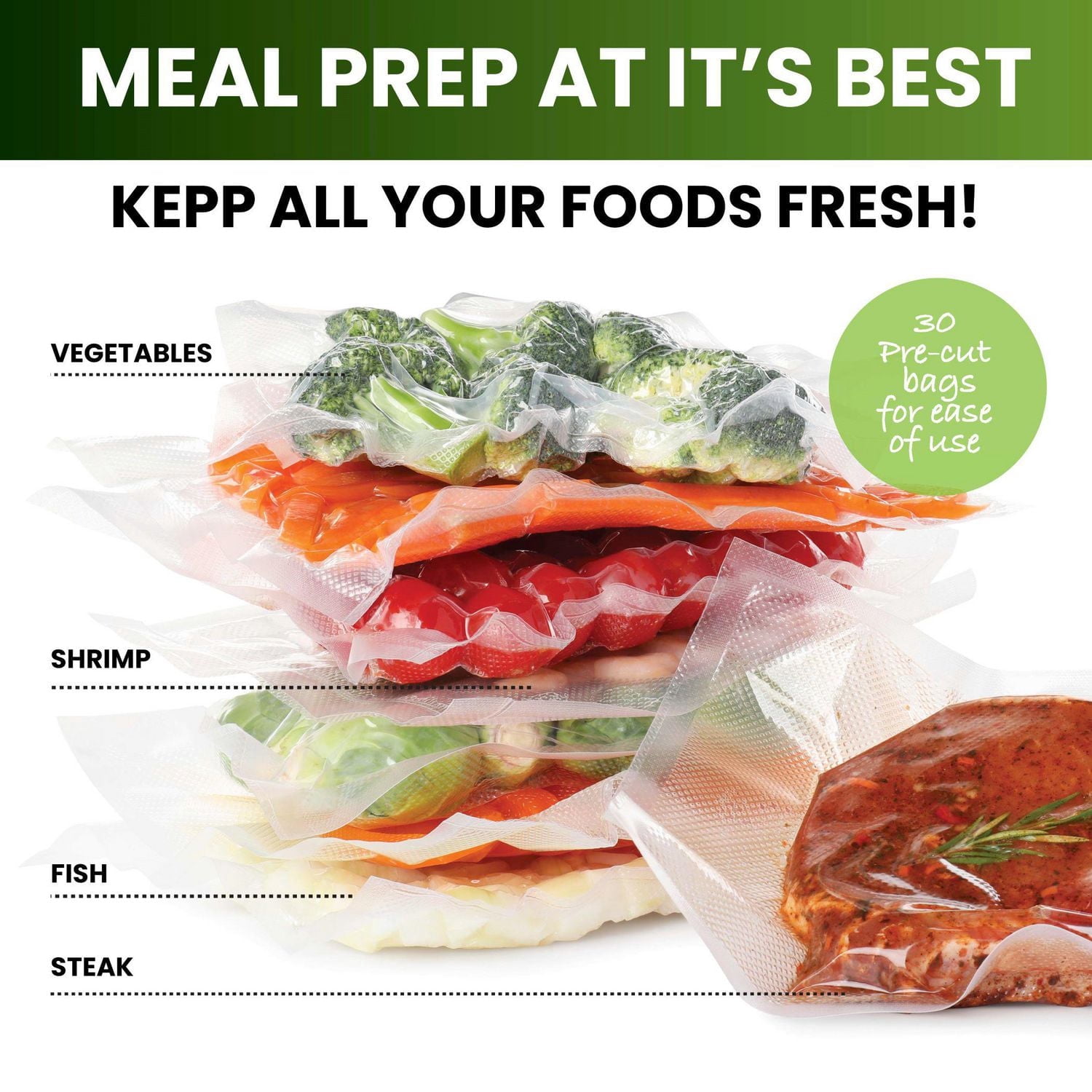 InstaSeal Clear BPA-Free 2 Rolls and 30 Pre Cut Vacuum Sealer Bags PA+PE Food Storage Freezer Safe