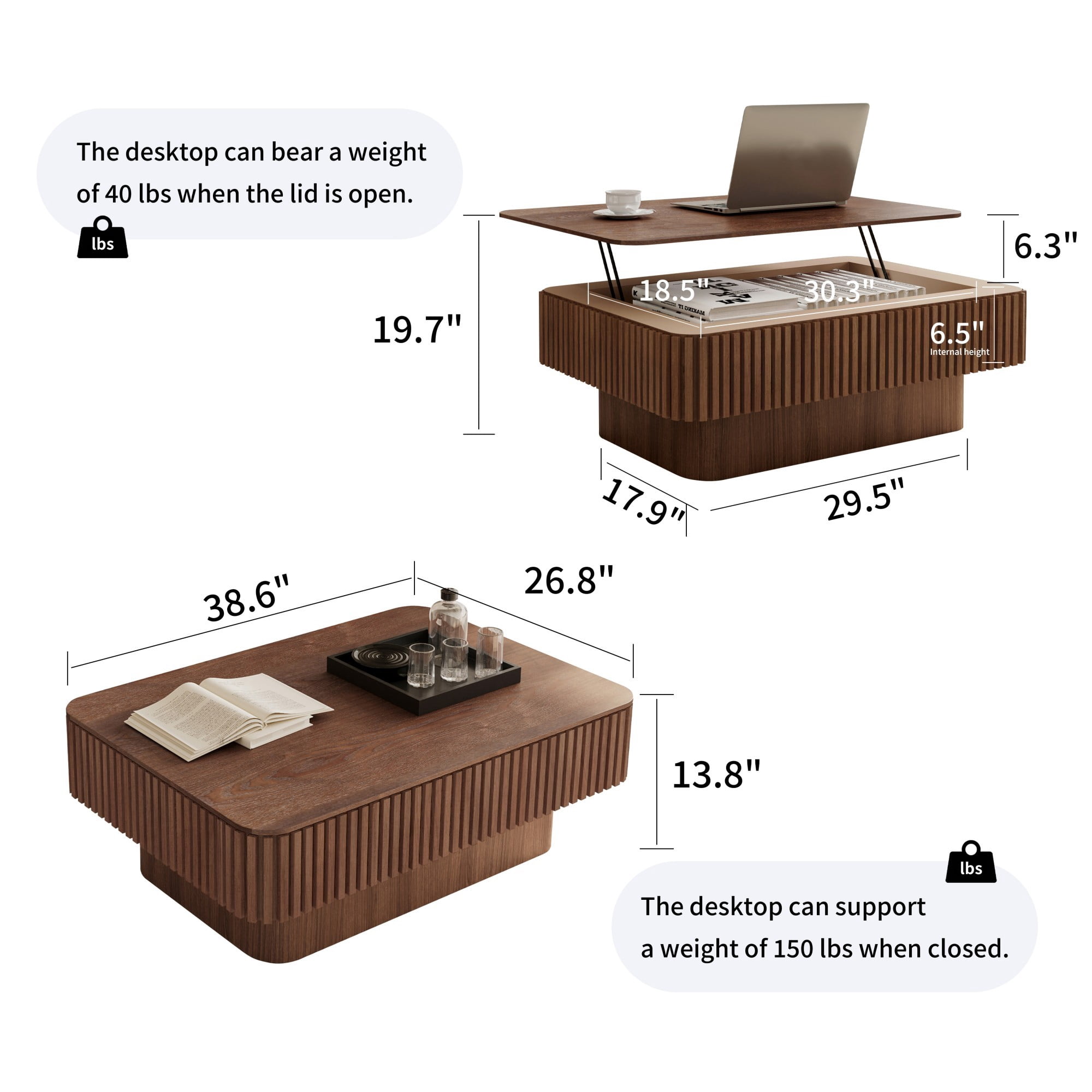 Lift Top Coffee Table with Storage, 38.6" Fluted Coffee Table with Adjustable Height, Modern Wood Veneer Center Table for Living Room, Walnut