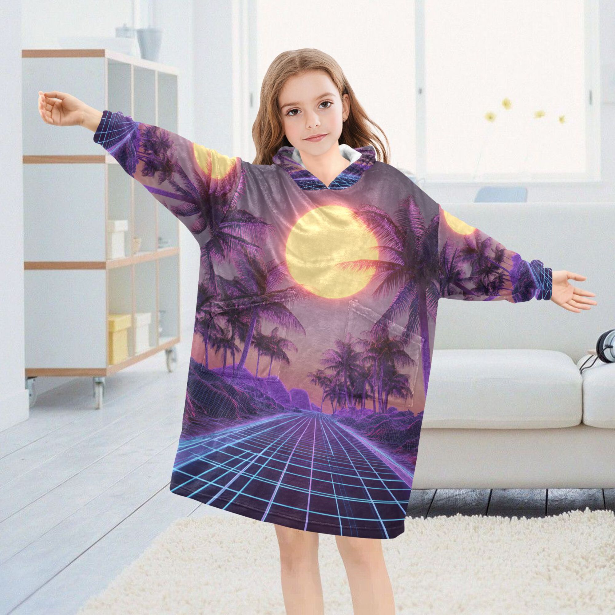 FORMRS Wearable Blanket Hoodie with Sleeves for Kids Cozy Flannel Sweatshirt, Night Purple Road