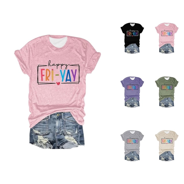 T-shirts pour Femmes « Happy Friday Teacher » 2026 Été Tendance Manches Courtes Col Rond T-Shirts Graphiques Amusants « Friday Weekend »