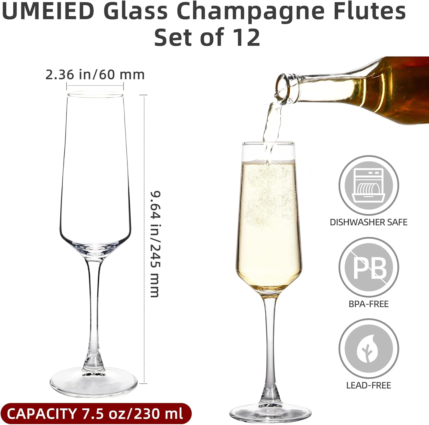 6 Oz Cylinder Champagne Flutes Set Of 12, Long Stemmed Crystal Clear Champagne Flute Glass Set, Sparkling Wine Glass for Home Party Wedding Anniversary Birthday Christmas