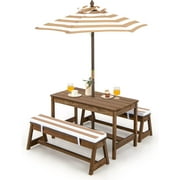 Kids Picnic Table, Toddler Wood Table & Chair Set w/Cushions, Height Adjustable Umbrella, Children Activity Table Outdoor Furniture Set for Patio, Garden, Backyard, Gift for Ages 3-8 (Coffee)