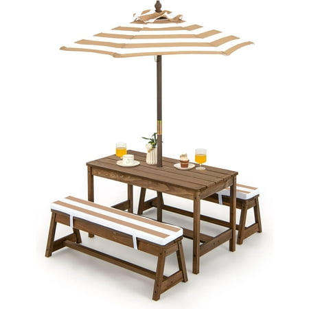 Kids Picnic Table, Toddler Wood Table & Chair Set w/Cushions, Height Adjustable Umbrella, Children Activity Table Outdoor Furniture Set for Patio, Garden, Backyard, Gift for Ages 3-8 (Coffee)