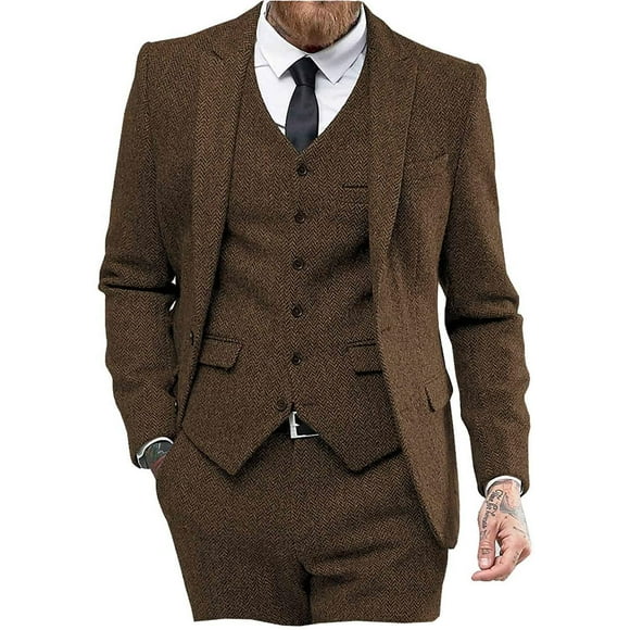 Mens Tweed Herringbone Wedding Suit Prom Tuxedos 3 Piece Peak Lapel Dress ?44,Brown
