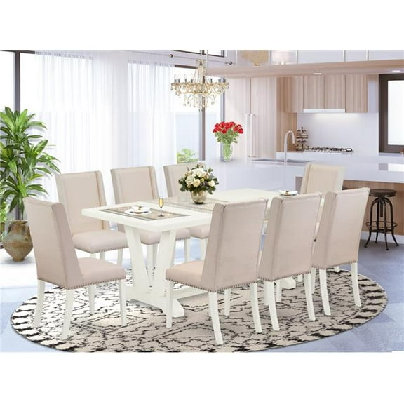 9 Piece V-Style Modern Dinette Set - Cream & Linen White