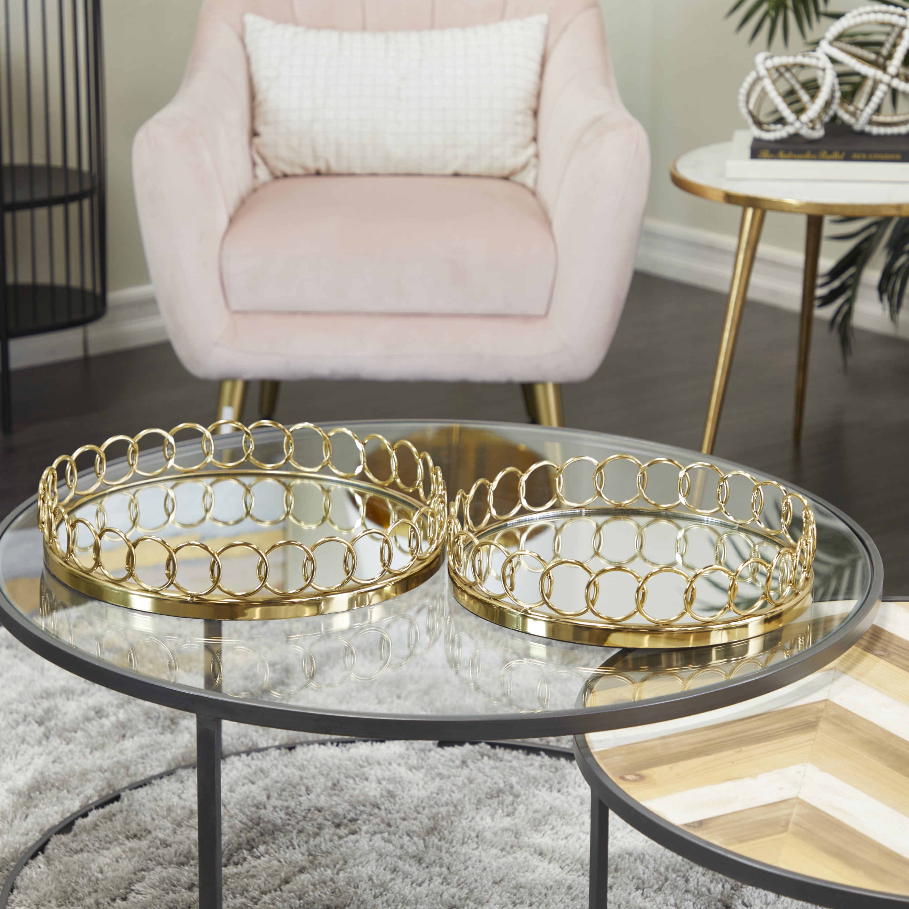 DecMode 16", 14"W Gold Stainless Steel Mirrored Tray with Circle Patterned Sides, 2-Pieces