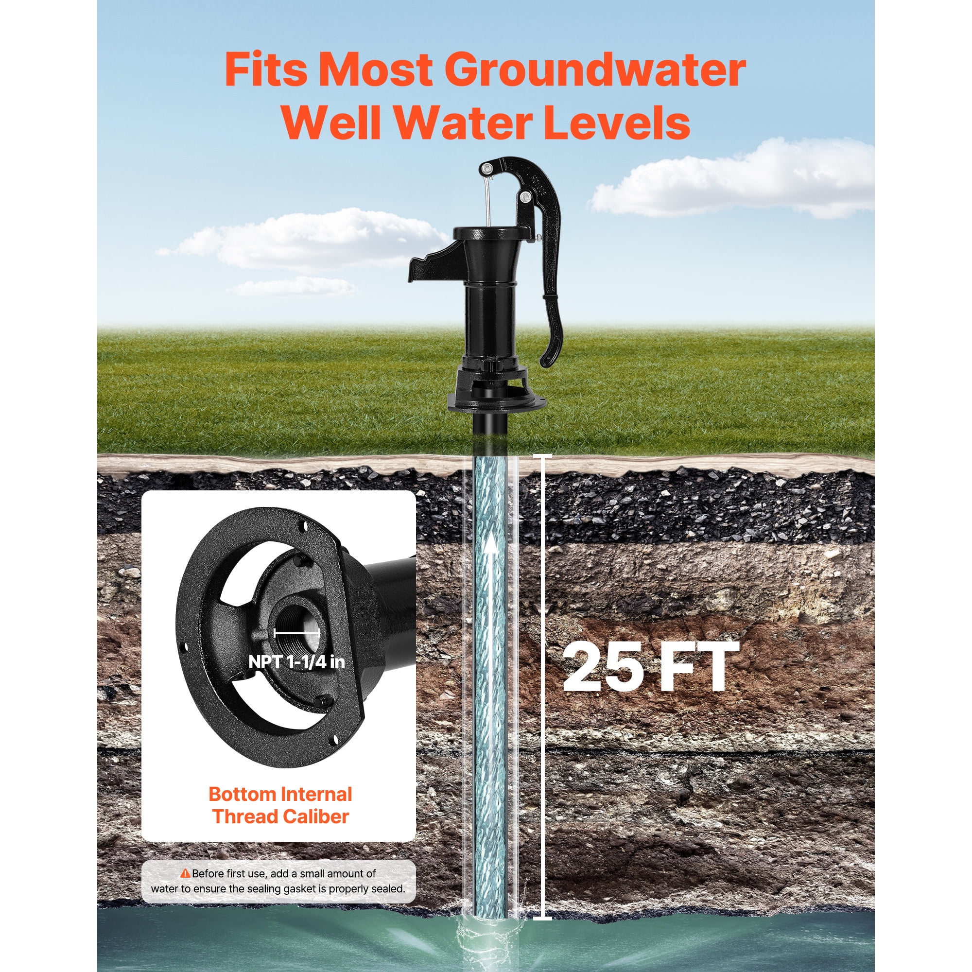 KFFKFF Cast Iron Hand Well Pump, 25 ft Max Lift, Antique  Pitcher Pump with 1-1/4 in NPT Connection, Manual Water Pump for Outdoor Gardens, Ponds, Backyards, and Farms, Black