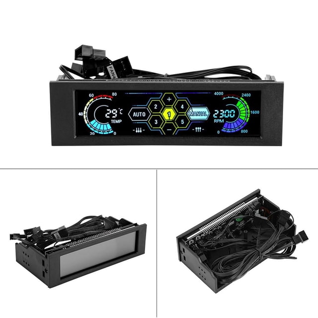 Peahefy 5-Fans Speed Controller CPU Temperature Sensor Computer Cooling Drive Bay Front LCD Panel, PC Fan Controller