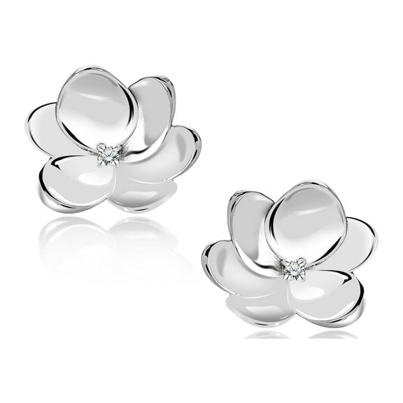 JeenMata Unique Moissanite Petal Flower Stud Earrings in 18K White Gold over Silver
